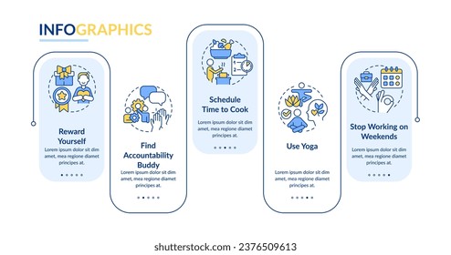 Deal with burnout rectangle infographic template. Mental health. Data visualization with 5 steps. Editable timeline info chart. Workflow layout with line icons. Lato Bold, Regular fonts used