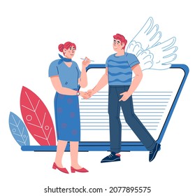 Deal with Business Angel investor. Business woman and angel shaking hands for agreement. Attraction of investments in business, financing and support of startup project, flat vector isolated.