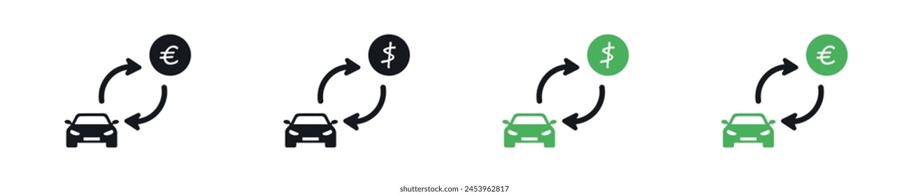 Deal car and dollar. Trade cars and money. Simple icon sell vehicle. Symbol exchange automobile icons in vector design