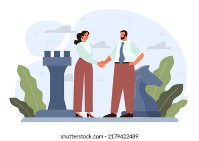 Deal concept. Entrepreneurs setting an official contract. Idea of partnership cooperation and corporate business development. Flat vector illustration