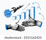 Deal concept. Modern collage with handshake, rocket launch and sales chart. Start up concept. Halftone hands reach out to each other. Successful agreement