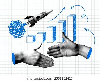 Deal concept. Modern collage with handshake, rocket launch and sales chart. Start up concept. Halftone hands reach out to each other. Successful agreement