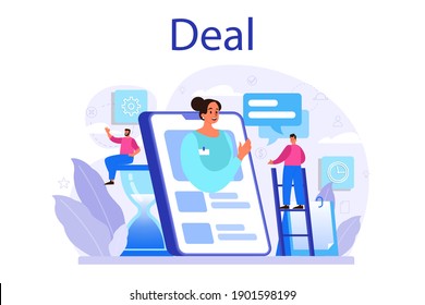 Deal concept. Official contract and business handshake. Idea of partnership cooperation and corporate business development. Isolated vector cartoon illustration