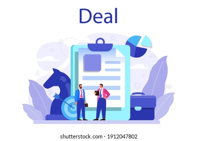 Deal concept. Official contract and business handshake. Idea of partnership cooperation and corporate business development. Isolated vector cartoon illustration