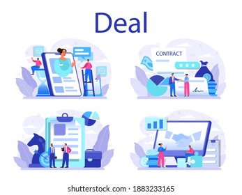 Deal concept set. Offizieller Vertrag und Handschlag für Unternehmen. Idee der partnerschaftlichen Zusammenarbeit und der Unternehmensentwicklung. einzelne Vektorgrafik-Illustration
