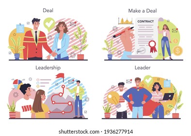 Conjunto de conceptos de trato. Contrato oficial y apretón de manos de las empresas. Idea de asociación