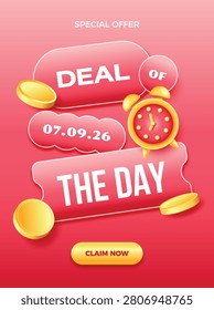 Deal of the day concept poster. 3d Voucher with alarm clock and money for social media promotion design.
