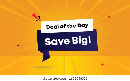 Deal of the day save big with editable web banner vector art template featuring badge icon design dark blue white shapes orange yellow sunshine abstract background in stunning 4k resolution