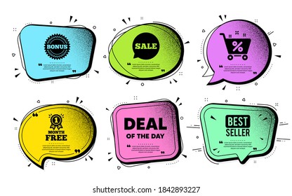 Deal of the day symbol. Speech bubble with dotwork vector. Special offer price sign. Advertising discounts symbol. Quote speech bubble. Best seller, shop cart icons. Vector