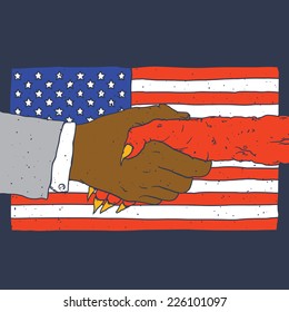 "Deal with devil with american flag on background" vector illustration