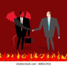Deal with devil. Businessman and make agreement demon in hell. Satan and man shake hands. Handshake in purgatory. Contract between evil spirit and  manager. Lucifer in business suit and sinner