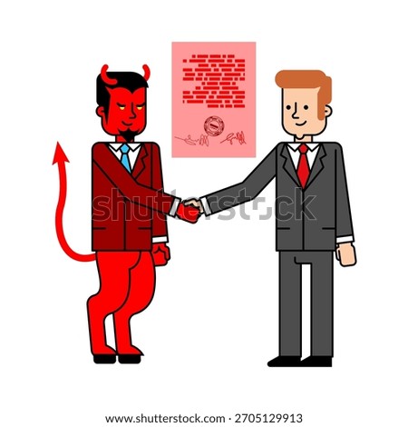 Deal with the devil concept. Man shaking hand with demon or evil figure, symbolizing temptation, bad contract, or unethical agreement.