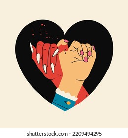 Deal with the Devil. Red demon hand and human hand holding fingers in the heart. The one finger hold. Hand drawn modern Vector illustration. Halloween, love, deal concept. Poster, print template