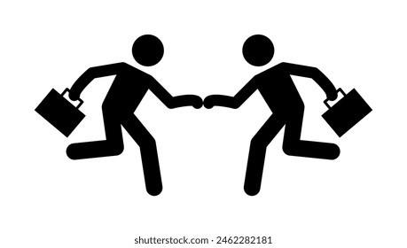 Deal done icon. Good job symbol. Successful business negotiations. Handshake contract agreement concept. Coworkers friendship. Two businessmen fist bump together. Isolated flat vector illustration.