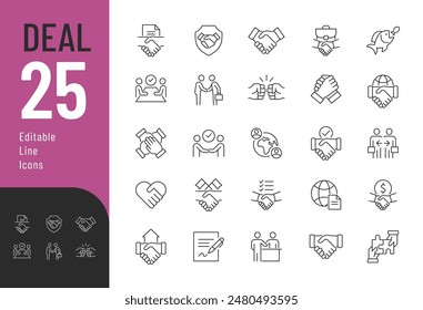 
Deal Editable-Symbole gesetzt. Vektorillustration im modernen Thin Line-Stil von geschäftlichen Icons: Handshake, Vereinbarung, Dokument und mehr. Piktogramme und Infografiken für mobile App.
