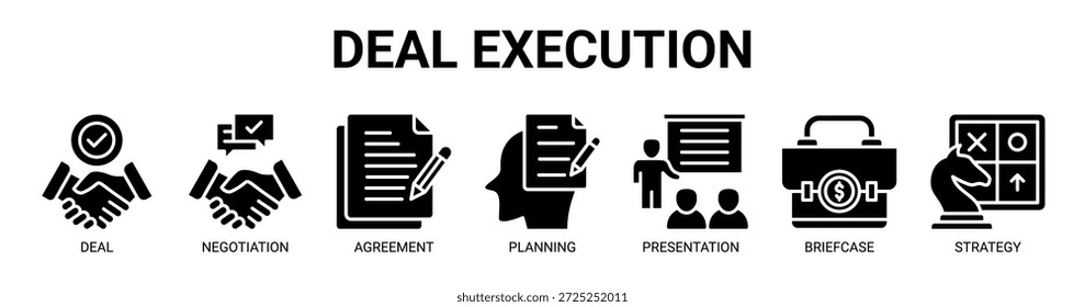 Ícone de banner da Web de execução de negociações conceito de ilustração vetorial com ícone de negociação, negociação, acordo, planejamento, apresentação, porta-arquivos, estratégia.