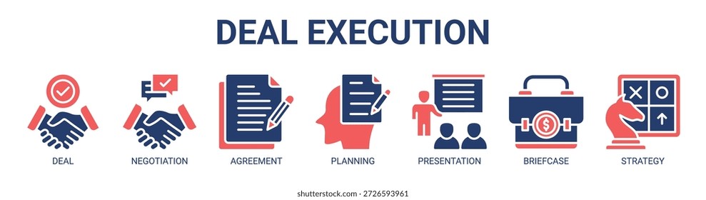 Ícone de banner da Web de execução de negociações conceito de ilustração vetorial com ícone de negociação, negociação, acordo, planejamento, apresentação, porta-arquivos, estratégia.
