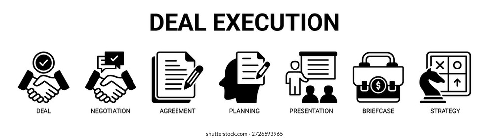 Ícone de banner da Web de execução de negociações conceito de ilustração vetorial com ícone de negociação, negociação, acordo, planejamento, apresentação, porta-arquivos, estratégia.
