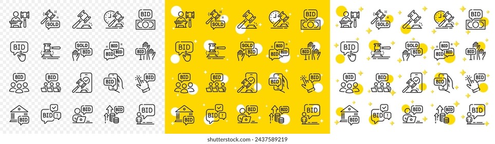 Deal hammer, bid offer and law justice act set. Auction line icons. Judge gawel, vote hand and bid price line icons. Win a lot, online auction and act hammer. Stock exchange deal. Vector