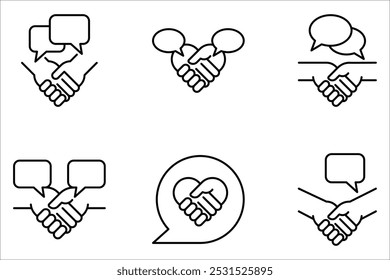 Icono de la burbuja del discurso del apretón de manos del trato fijado en el fondo blanco