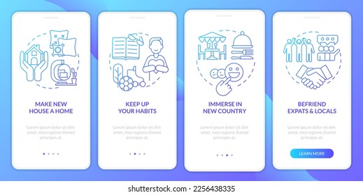 Deal with homesickness tips blue gradient onboarding mobile app screen. Expat walkthrough 4 steps graphic instructions with linear concepts. UI, UX, GUI template. Myriad Pro-Bold, Regular fonts used