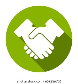 deal icon / shake hands, visualized in circle icons in a flat design style with long shadows.