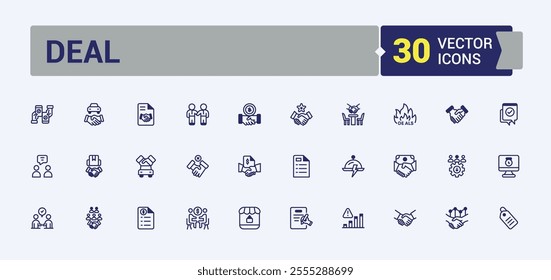 Deal icons in linear style. Contains such icons as web, form, group, agreement, hand, man, collaboration and more. Set of line pictogram. Vector illustration in modern line style.