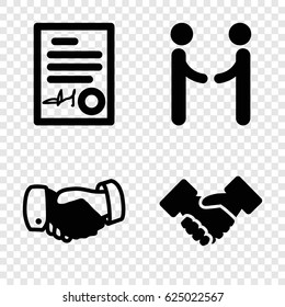 Deal icons set. set of 4 deal filled icons such as handshake, signed document
