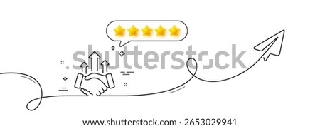 Deal line icon. Continuous line with share plane. Business handshake sign. Investment growth chart symbol. Five star rate review in speech bubble. Deal single line ribbon. Loop curve pattern. Vector
