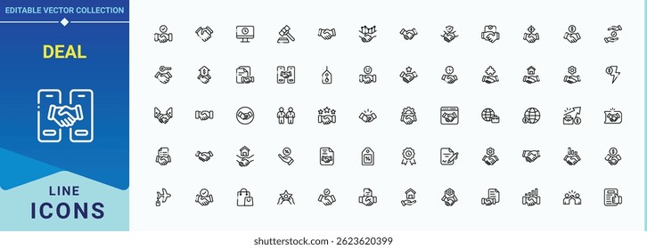 Deal line icon set. Contains such icons as business, agreement, relationship, contract and more. Contract icon set in linear style. Minimalist icons collection. Pixel perfect. Editable vector.