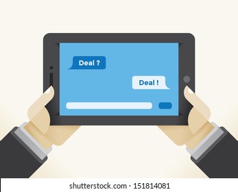 Deal negotiations on tablet computer in businessman hands. SMS, online messages or messenger chat.  Concepts: Social media networking, internet web business dialogue, mobile conversation, conference