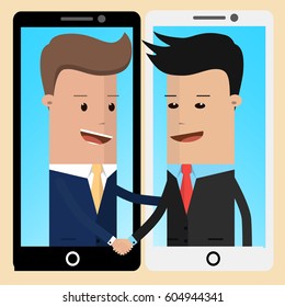 Deal on Mobile phone. Handshake of two business people with cell phone background. On line deal. Business concept illustration vector