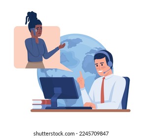 Deal with panicked client 2D vector isolated illustration. Worried woman calling to customer service flat characters on cartoon background. Colorful editable scene for mobile, website, presentation