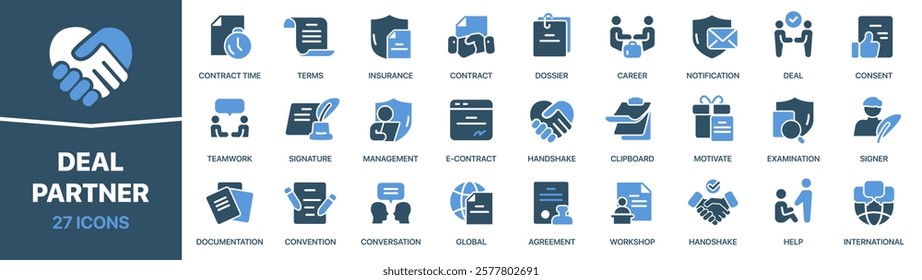 Deal and partner colored signed icon collection. Contract, teamwork, career, agreement icons. UI icon set. Colored icons pack. Vector illustration