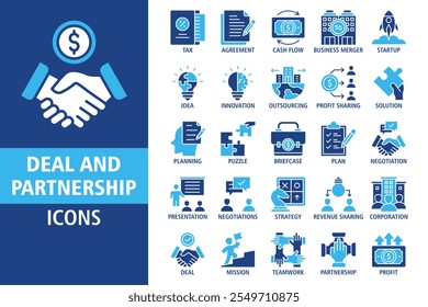 Deal and partnership icon set. Containing Tax, Agreement, Cash flow, Idea, Innovation, Negotiation, Presentation, Revenue sharing, Deal, Mission, Teamwork, Partnership icons. Solid vector collection.