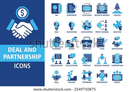 Deal and partnership icon set. Containing Tax, Agreement, Cash flow, Idea, Innovation, Negotiation, Presentation, Revenue sharing, Deal, Mission, Teamwork, Partnership icons. Solid vector collection.