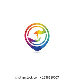 Deal Pin logo design template. Hand giving key to another hand vector logo.	