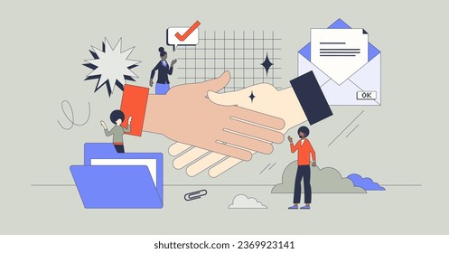 Deal sealed and formal business agreement closing process in retro tiny person concept. Corporate work with partnership or teamwork collaboration vector illustration. Commitment and handshake gesture