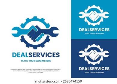 Plantilla del logotipo de Deal Services. Una combinación de un apretón de manos, engranajes y una llave inglesa. Representa la asociación, el servicio mecánico y las soluciones industriales. Ideal para un taller de reparación o servicio B2B.