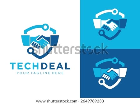deal shield logo, technology security deal logo template with handshake and security shield illustration	