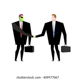 Deal with UFO. Businessman and alien conclude case. Martian and man shake hands. Handshake humanoids. Agreement between space ambassador and envoy of earth. Green area rustler with Mars
