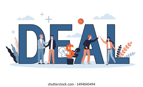 Deal web banner concept. Two people shake hands as a result of agreement. Successful cooperation. Happy businessman. Isolated vector illustration in cartoon style