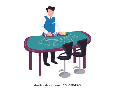 Dealer flat color vector faceless character. Man in uniform count stack of chips. Blackjack desk. Counter with layout for card deck. Croupier behind green table isolated cartoon illustration