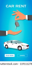 Dealer giving keys chain to a buyer hand. Concept buying or renting a new or used white car. Modern vector illustration can be used for mockup, mobile app etc. Car sale concept.