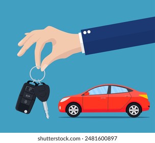 Dealer giving keys chain to a buyer hand. car rental or sale concept. vector illustration in flat style