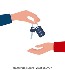 Dealer hand giving keys chain to a buyer hand. Buying or renting a car. Vector illustration