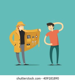 Dealer in hat and coat with pockets. Vector illustration. 