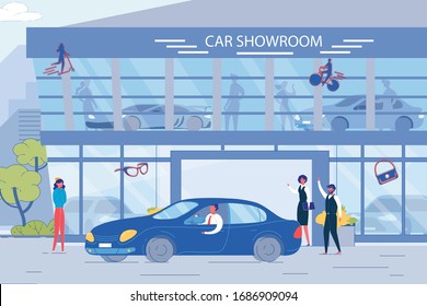 Dealer See Off Buyer On New Car At Auto Showroom Entrance. Rental Center Service. Customer Choosing Vehicle, Seller Man Giving Presentation People Silhouette. Woman On Street. Lifestyle Illustration