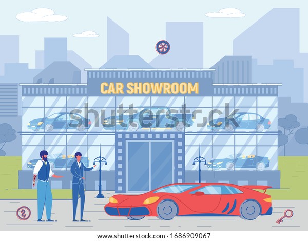 Dealer\
Sell Expensive Car to New Owner. Rich Man Purchase Luxurious Red\
Sports Car from Agent Salesman Vector Illustration. Automobile\
Showroom Building. Retail or Rent Auto\
Business