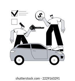 Ilustración vectorial de concepto abstracto del concesionario. Distribuidor autorizado, distribución oficial de bienes, concesionario regional, permiso de venta, comercio minorista, metáfora abstracta representativa de ventas.
